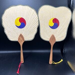 2 Korean Traditional Silk Line Taegeuk Hand Fans 12" with Norigae, Wood Handle